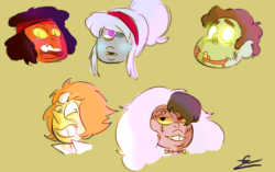gemification:  some lazy gem monster sketches: werewolf Ruby vampire Sapphire zombie Steven mad scientist Pearl and Frankenstein’s monster Amethyst 