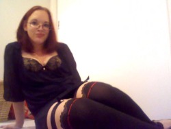 msunsolvedmystery:  Attempt at naughty secretary. Black top, mini black skirt with lace, black thigh high stockings, suspenders, black heels, black lace panties with yellow ribbon, yellow bra with black lace.More in queue You can view all my photosets