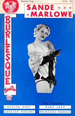 Sande Marlowe is featured on the cover of ‘BURLESQUE Beauties’ — No. 23 magazine; as published by Phoebe, in 1959..