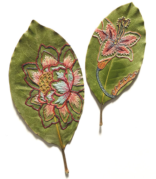 itscolossal:Vibrant Botanic Embroideries Embellish the Dried Leaf Sculptures of Hillary Waters Fayle   Ooooo I love this