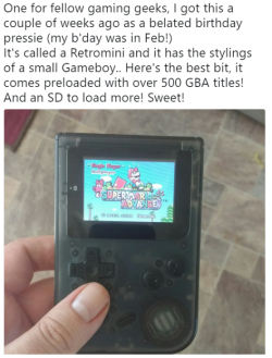 shutupandtakemymonies: The Retromini (Retro mini) is a handheld console which can play GB, GBC, GBA and NES Games.  It has L+R triggers for GBA games and includes 508 Games into one convenient player that fits in your pocket, with the potential to hold