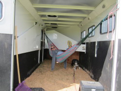equine-ess:  saddleupbitches:  fromjeans-to-breeches:  what dad does at horse shows….  THIS IS ACTUALLY SO CLEVER  Omg  Or if its a gooseneck put a mattress up there viola!