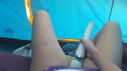 thepursuitofmyself:  thepursuitofmyself: Another photo from the camping trip I never told you about. Want to see more?  The whip marks on my thigh in this picture make me smile.I had been mummified in saran wrap, had ice poured into the wrapping, made