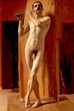 uranist-art:  Harold Knight (1874-1961) – Artiste anglais  Standing Male Nude / Nu masculin debout  (Photo très légèrement améliorée / Very slightly improved photo)  Source : http://monsieurlabette.tumblr.com (Monsieur Labette - 16.10.2012)