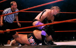 rwfan11:  Chris Jericho- doing the walls of Jericho with his tights down! 