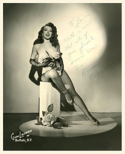              Bonnie Boyia   Vintage promo photo personalized to the mother of Burlesque emcee/entertainer, Bucky Conrad: “To Louise,  With a wish that all of your favorite dreams come true.  — Bonnie Boyia ”..             