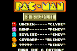 vgjunk:  Pac-Man Arrangement, from Pac-Man Collection on the Game Boy Advance. Yes, that ghost is galled Kinky. Maybe that’s why ghosts are always rattling chains.