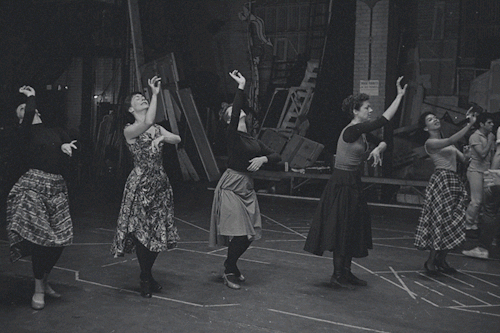 fyeahbroadway:  The original Broadway company of West Side Story including Carol Lawrence, Larry Kert, and Chita Rivera in rehearsal with Jerome Robbins, Leonard Bernstein, and Stephen Sondheim at the piano. Magnificent gifs by Doug Reside, curator of