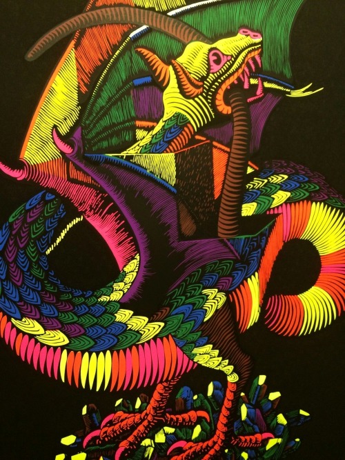 70sscifiart:  A blacklight poster version of M. C. Escher’s Dragon, 1970s