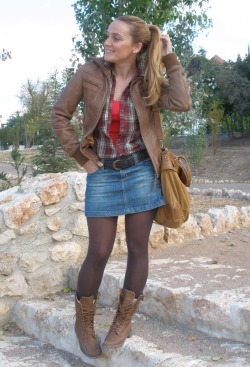 tightsobsession:  Jean skirt with opaque tights and boots. Tights week starts November 3rd! 