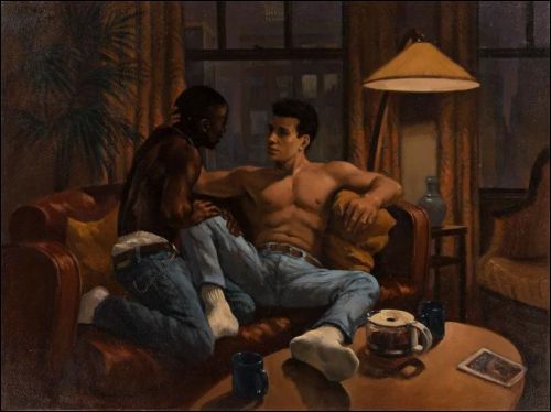beyond-the-pale:  Deni Ponty -  Lovers on a Sofa, 1992. An illustration for The New Joy of Gay Sex by Dr. Charles Silverstein and Felice Picano.Swann Auction Galleries