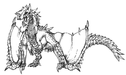 ask-a-deviljho:  Monster Hunter Expanded Concepts 2A Brute wyvern-based Elder dragon.Uses it’s wings like a Brachydios’ pounders/Zinogre stompsWings folded, moveset is like that of a Brute WyvernWings unfolded, moveset is like Tigrex and MagalaCan