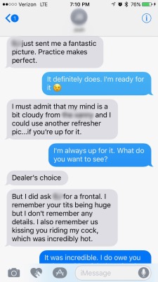 cumking13:  Text conversation between my best friend and @volhotwife a couple of weeks after our first hotwife/threesome experience. I had just sent him a pic of her with her princess plug (which you can also see here if you scroll down for a bit.) I