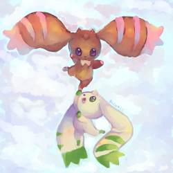 blynxee:  lopmon and terriermon experimenting with sai brushes  