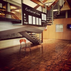 lonelychairsatcern:  #lonelychairsatcern lonely chair at the stairs with menus #r2 restaurant #CERN