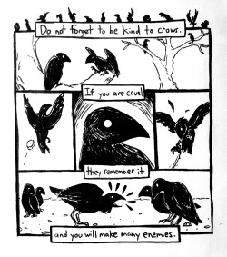 literal-ghost:  Today’s sketch turned into a tiny comic about crows.  I think I’m going to try making small comics every day just to get accustomed to the process of making them. I really enjoyed this entire drawing, and I want to do more comics ANYWAY,
