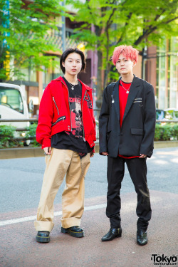 tokyo-fashion:  Japanese students 17-year-old Hinata and 18-year-old Souta on the street in Harajuku both wearing Another Youth jackets along with items by Made On Air, Never Mind the XU, Metallica, Monomania, H&amp;M, Vivienne Westwood, and Dr. Martens.