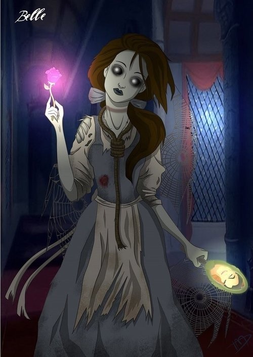 the-absolute-funniest-posts:  lollipopclouds: More Twisted Disney Ladies from Deviantart. I have to say that Belle’s is the creepiest for me. Artwork done by — Kasami-Sensei 