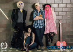 weirdgirlsseries:Some outstanding hipster Adventure Time cosplay from Kelli Nova, Amanda Lune, and they brought along their husbands! Check out the full gallery  Pictures by Avarice Conspiracy Cosplay