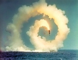 spaceplasma:    Failure Of First Submarine Test Launch Of Trident II-D5  In 1971, the US Navy issued a requirement for a submarine-launched, multiple warhead, ballistic missile with intercontinental range and a stellar-inertial navigation system. This