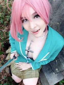 nsfwfoxydenofficial:  Chuuuuuu~ &lt;3  Who doesn’t love a cutesy vampire?? ;) Happy topless Tuesday to everyone on @cosplaydeviants. :P I shot a Moka set and here are some NSFW behind the scenes selfies.