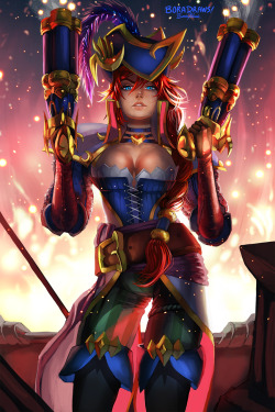 boradraws:  The “Captain Fortune” (Miss Fortune Skin) Is sooooooo gorgeous I just HAD to paint it! You can watch the speed painting video here: https://www.youtube.com/watch?v=WqEUUtJsgQE Reblog if you can! &lt;3 