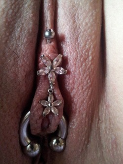 pussymodsgalore  VCH jewelry with two flowers, one dangling, curved barbell through inner labia. 