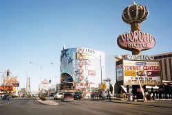 vintagelasvegas: Las Vegas Strip, October 1993 Westward Ho, Circus Circus, Stratosphere under construction, El Rancho, Riviera, La Concha Motel, El Morocco Motel. Photo by David Holt.  This is almost to the point where the Strat caught fire.