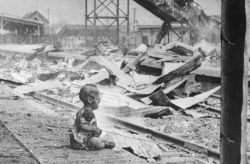 The Second Sino-Japanese War from 1937 eventually meshed with World War  II. During one bombing raid, the Japanese bombed a Chinese train station  that housed women and children. This baby somehow survived, although  injured