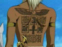 lumerianlotus:  Yu-Gi-Oh Quick Canons: Marik Ishtar’s back is not a tattoo.It’s actually a form of scarification. The method used to create this mark was a cutting method. The three most likely cutting methods used (in order) was either the ink method