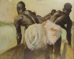   Pál Fried (Hungary, 1893-1976) - Four African men in a canoe, gouache, 73 x 87 cm.   