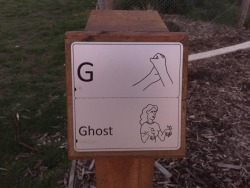 freelancefailure:  Not sure why this park thought the first two sign language words they needed to teach to kids were “Ghost” and “Run”