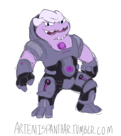Quick, messy sketch of Amethyst shapeshifted into a krogan, inspired by that AU idea I was just talking about. I mostly used my Grunt figures as a model so its kinda more like Amethyst shapeshifted in Grunt, but I figure that works out because they have