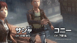 Connie &amp; Sasha + gameplay from the 3rd trailer of KOEI TECMO’s upcoming Shingeki no Kyojin Playstation 4/Playstation 3/Playstation VITA game!Release Date: February 18th, 2016 (Japan)More gifsets and details on the upcoming game!