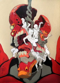 sachinteng:  ‘Agnus Dei‘ For Qpop Shop’s GAINAX Show My painting for the Gainax show tonight at 7pm in Q2. I’ve got a soft spot for Evangelion. A gross, creepy, mutilated soft spot. I was probably way too young to watch this when I did, but robots