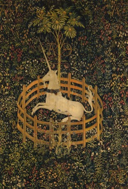 magictransistor:The Unicorn is in Captivity and No Longer Dead (Wool warp, wool, silk, silver, and gilt wefts), South Netherlandish Tapestry,  c. 1495-1505.