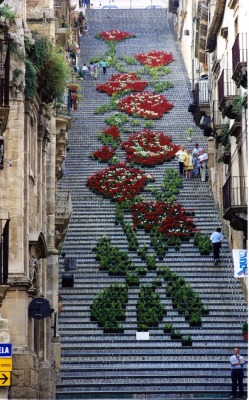 gentledom:  mymodernmet:  Each year, during the La Scala Flower Festival, about 2,000 potted plants and flowers of different shades and colors are arranged on the historic Staircase of Santa Maria del Monte to create one grand design.  Awesome job. 