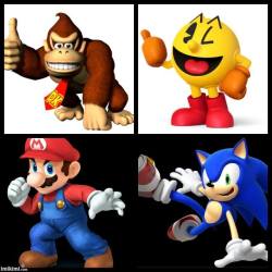 donkey kong  mrs pacman mario sonic  4 of the best video game characters