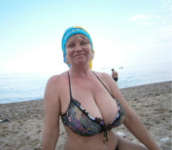 boobstitsperfectbodies:Stunning pale busty amateur milf nn on the beach with saggy big naturals
