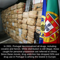mindblowingfactz:    In 2001, Portugal decriminalized all drugs, including cocaine and heroin. While distribution is still illegal, those caught for personal possession are referred to clinics. Since these moves, drug addiction has dropped 50% and drug