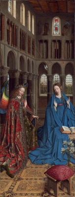 Jan van Eyck (Netherlandish, circa 1390-1441), The Annunciation, circa 1434-36;   oil on canvas transferred from panel,   painted surface: 90.2 x 34.1 cm; National Gallery of Art, WashingtonThe painting, originally a panel, was probably the left (inner)