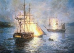 hms-surprise:  “Fireships on the Hudson River”  - Geoff Hunt. Night attack on H.M.S Phoenix and Rose, August 1776. On 12 July 1776 the British sent a small squadron of warships into the Hudson River in order to attack the flanks of General Washington’s
