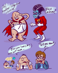 kyoobot:  Goofy, happy superheroes who run around in underwear and their sad alter-egos who are completely separate from them. They’re too similar for me not to make a little bit of fanart! :]
