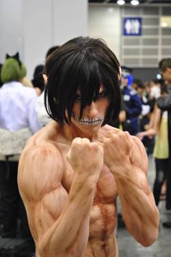 macabrekawaii:  kureablue:  Eren (Titan Form) - Cosplayed by Rhys Berresford Oh man, I was surprised when I got there on the last day of the ACGHK 2013! I was at the handicrafts and other anime products corner and all of a sudden, this guy was in front