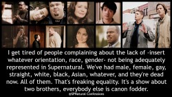 castiel-knight-of-hell:  queenofthevaseline:  Just because they’ve inserted some representation at one point within TEN YEARS doesn’t mean that it’s enough. There is a lack of representation, not no representation. We don’t have nearly ENOUGH