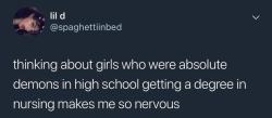 ptenterprises: luffykun3695:  bumbleshark:  tcookies:  tasteslikecoconutandmetal:  commandtower-solring-go:  whitepeopletwitter: Can I please get a new nurse?  how is this a universal experience?  male high school bullies: become cops female high school