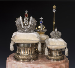 themauveroom:  The Russian crown jewels: The Crown of the Emperor, the Orb and Scepter which features the enormous Orlov Diamond given as a gift to Catherine the Great. The smaller crown would have been worn by the Empress. The last Empress crowned with