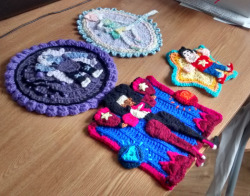 colouredwool:  Finally finished my Steven Universe crochet applique designs! I wish my camera phone was better because these are terrible photos :( the colours are much better in real life, especially Pearl’s pastels and the details on Garnet’s face…Bad
