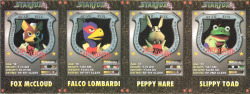 Scans of the front and back of Star Fox 64 character cards from a 1997 issue of Nintendo Power.It’s worth noting that the heights given to the characters are both unofficial and incorrect.