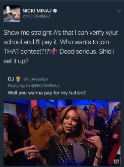 boyplease:  lagonegirl:     Nicki Minaj is offering to pay tuition for dozens of her followers on Twitter right now, as long as they have good grades.   GOD I Love Black Celebrities making real shit like this  #NickiMinaj #BlackPride   BITCH YESSS 